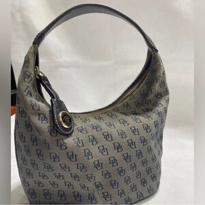 Dooney & Bourke Gray Signature Print Mini Hobo Bag w/Black Pebbled Leather Trim